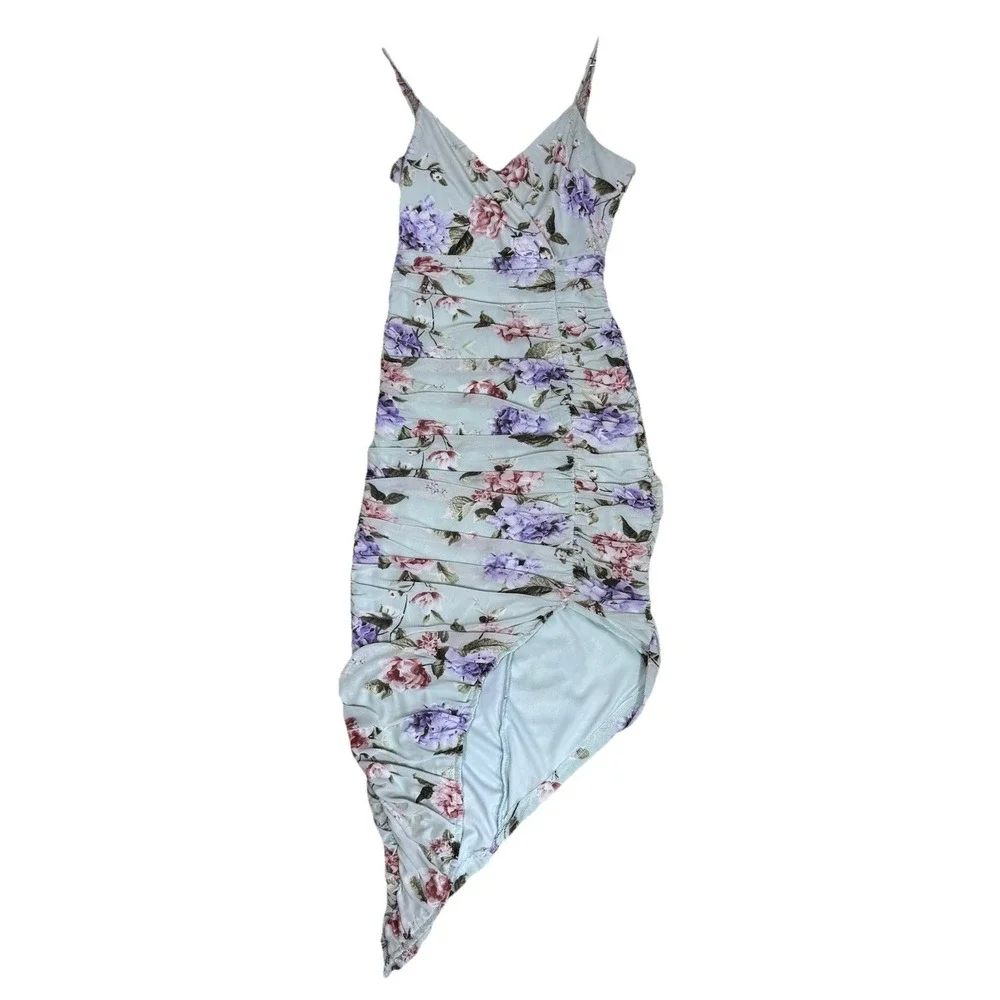 Windsor Pretty Blooms Bodycon Mesh Floral Midi Dress Asymmetrical Hem Women's M - Picture 9 of 12
